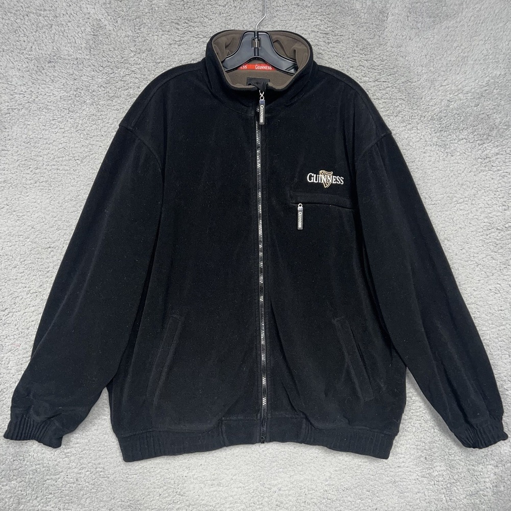 VTG Guinness Beer Fleece Bomber Jacket Men's XL Black Embroider Full Zip Pockets